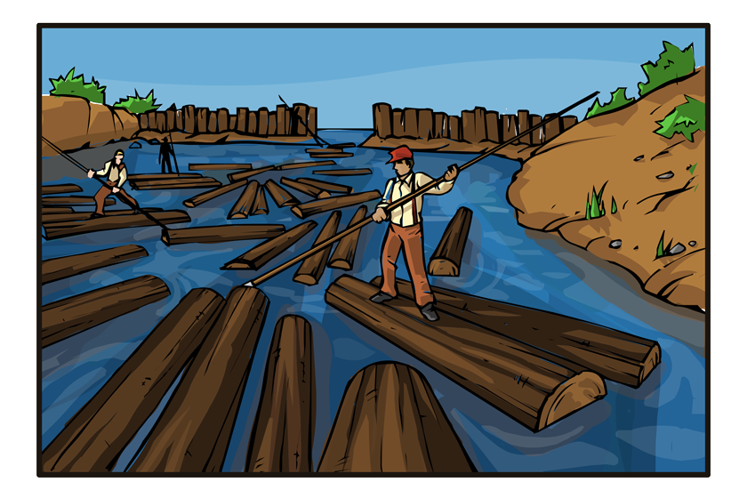 Now we're outside looking at a frozen lake. It is covered with logs. In the next panel, the same lake appears, but it's now spring. The lake has thawed and the logs are floating in a tangled mass.