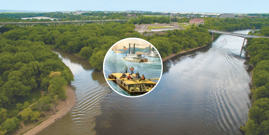 Inset painting of a river barge over river confluence below Fort Snelling